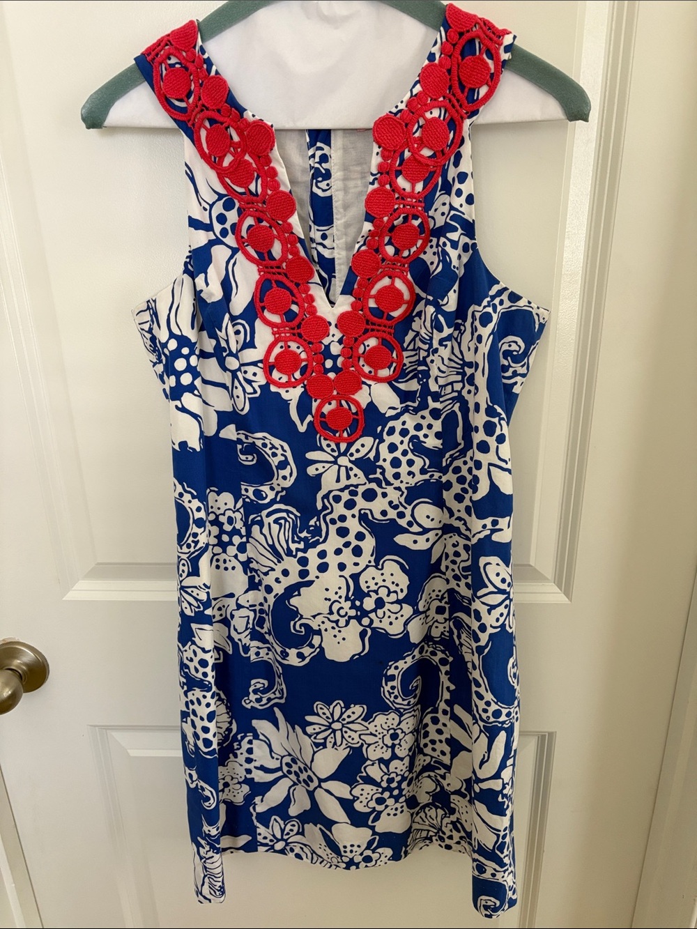 Lilly Pulitzer Blue & White Floral Mini Dress with Red Crochet Trim